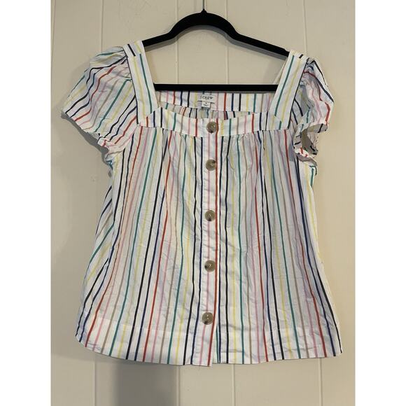 J Crew Happy Rainbow Striped Square Neck Poplin Cotton Top M - Picture 2 of 6
